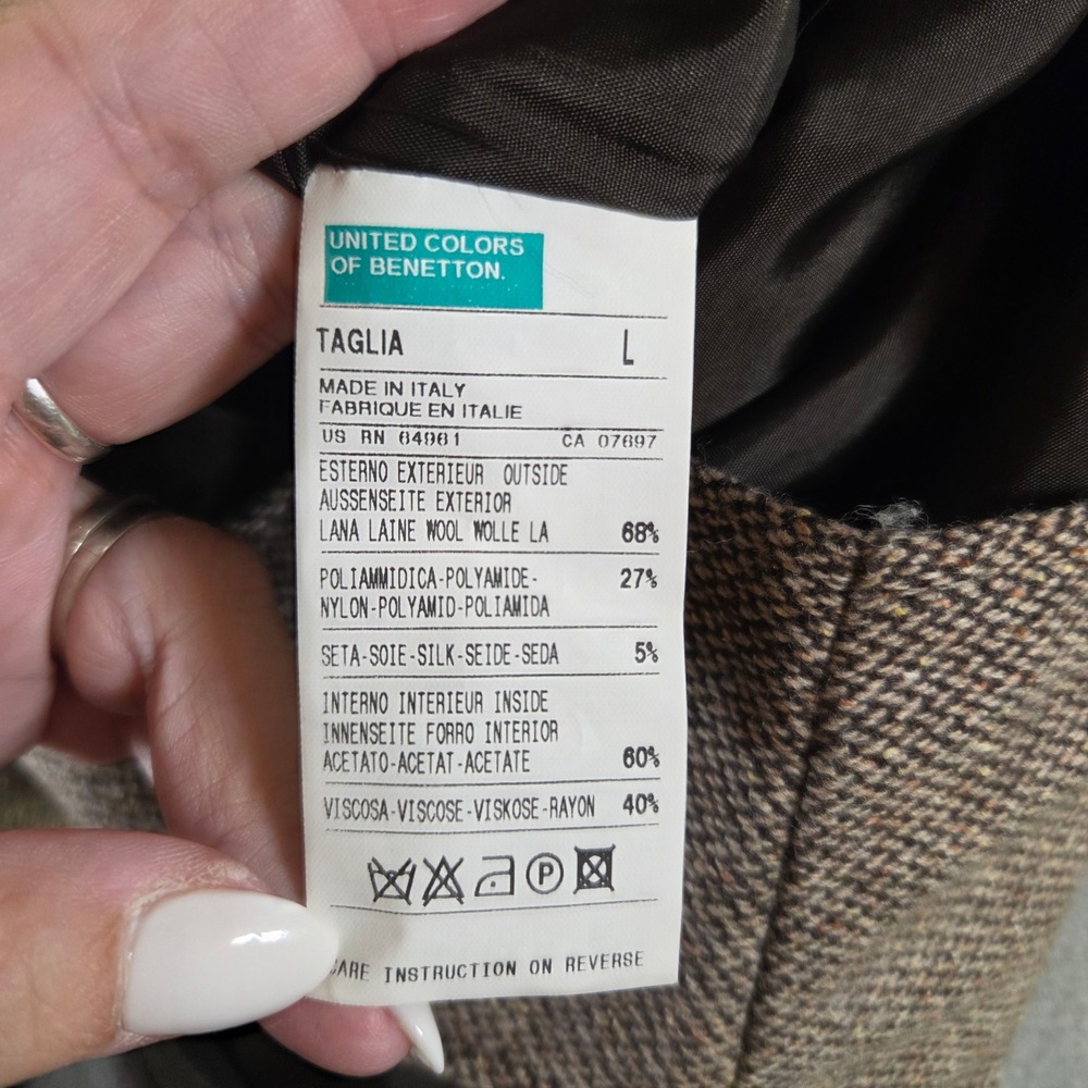 Vtg United Colors of Benetton Brown Wool Silk Tweed Midi Dress Italy Academia Lg - Picture 7 of 8